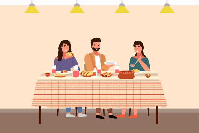 Família mexicana comendo refeição de taco  Ilustração