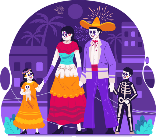 Familia mexicana vestida con trajes tradicionales mexicanos en el Carnaval del día de muertos  Ilustración