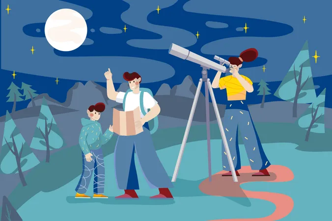 La familia mira junta a través del telescopio  Ilustración