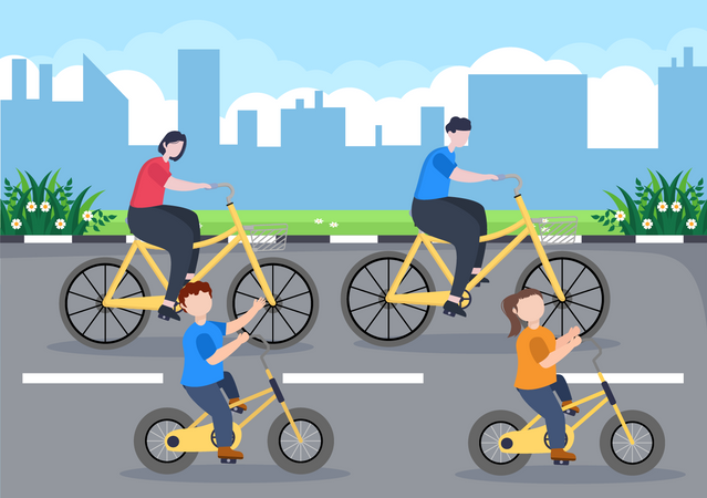 Familia andando en bicicleta  Ilustración