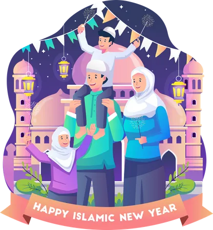 Uma Familia Muculmana Celebra O Ano Novo Islamico Ou O Ano Novo Hijri Feliz Primeiro Ano Muharram Islam Ilustracao Vetorial Em Estilo Simples Ilustração