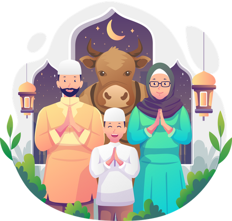 Família muçulmana celebra eid al adha  Ilustração