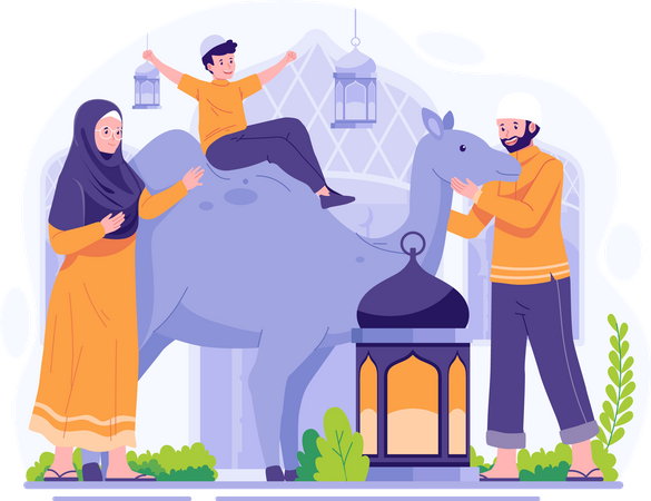 Família Muçulmana celebra Eid Al Adha com um camelo  Ilustração