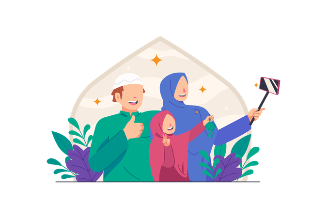 Família muçulmana comemora Eid Al Fitr  Ilustração