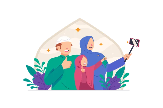 Família muçulmana comemora Eid Al Fitr  Ilustração