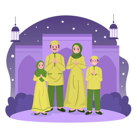 Família muçulmana celebrando o eid mubarak  Ilustração