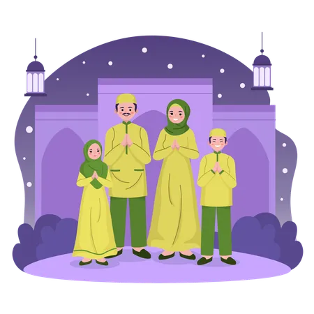 Família muçulmana celebrando o eid mubarak  Ilustração