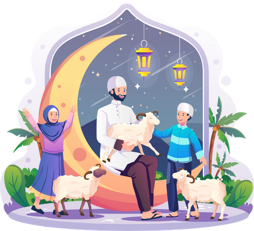 Família muçulmana com ovelhas celebrando Eid al-Adha  Ilustração