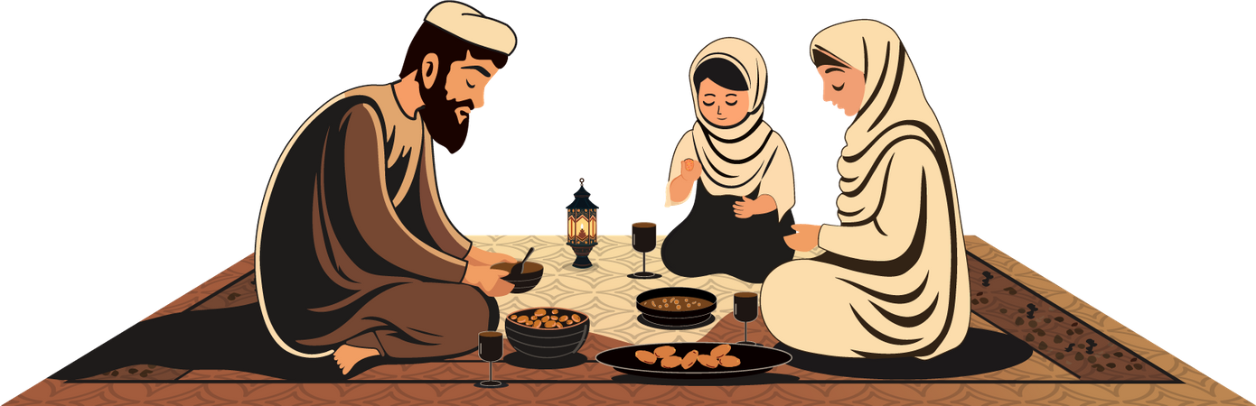 Família muçulmana fazendo refeições deliciosas  Ilustração