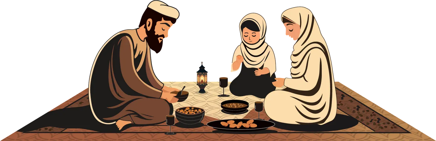 Família muçulmana fazendo refeições deliciosas  Ilustração