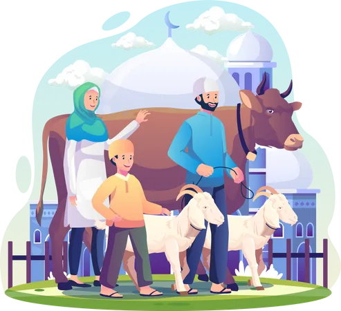 Família muçulmana com seus animais celebrando Eid al-Adha  Ilustração