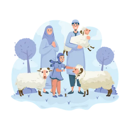 Família muçulmana com suas ovelhas  Ilustração