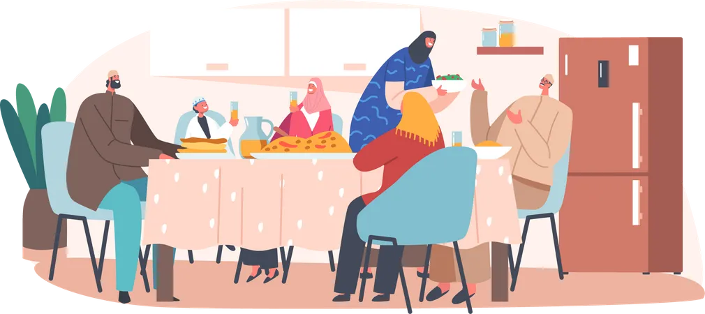 Família Muçulmana Comendo Iftar Sentados Juntos à Mesa  Ilustração