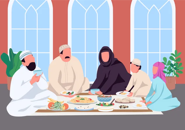 Família muçulmana comendo juntos  Ilustração