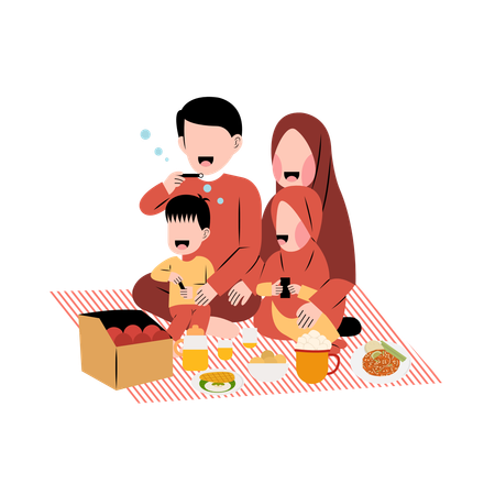 Família muçulmana desfrutando de comida de piquenique  Ilustração