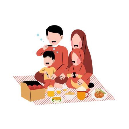 Família muçulmana desfrutando de comida de piquenique  Ilustração