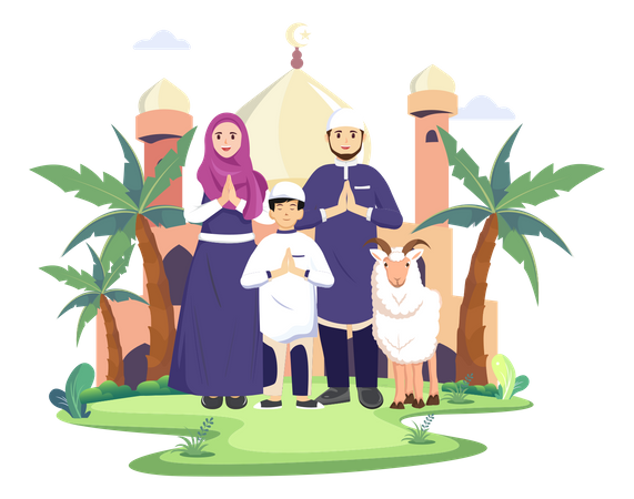 Família muçulmana desejando o Eid  Ilustração