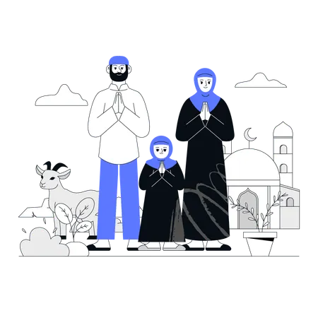 Família muçulmana deseja feliz Eid Al Adha para todos  Ilustração