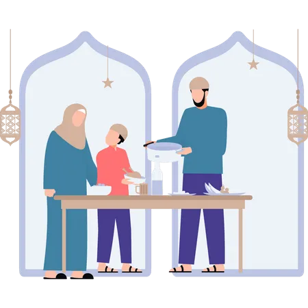 A família muçulmana está preparando a refeição do Eid  Ilustração