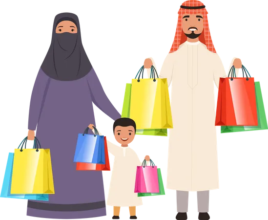 Família muçulmana fazendo compras  Ilustração