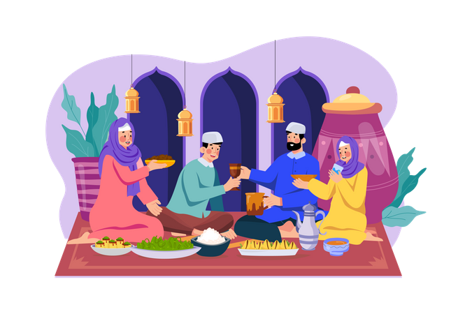 Família muçulmana fazendo festa iftar  Ilustração