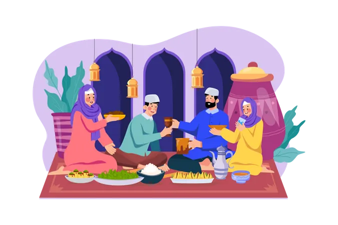 Família muçulmana fazendo festa iftar  Ilustração
