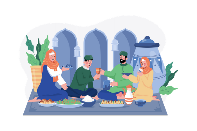 Família muçulmana fazendo festa iftar  Ilustração