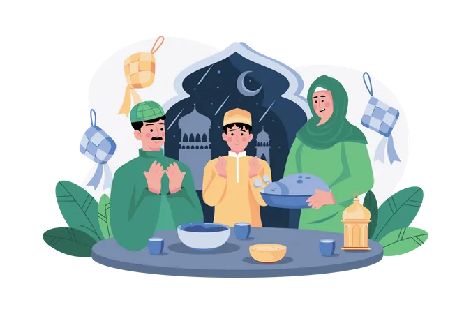 Família muçulmana fazendo oração do Eid jantando  Ilustração