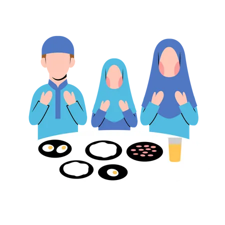 Família muçulmana fazendo oração Iftar  Ilustração