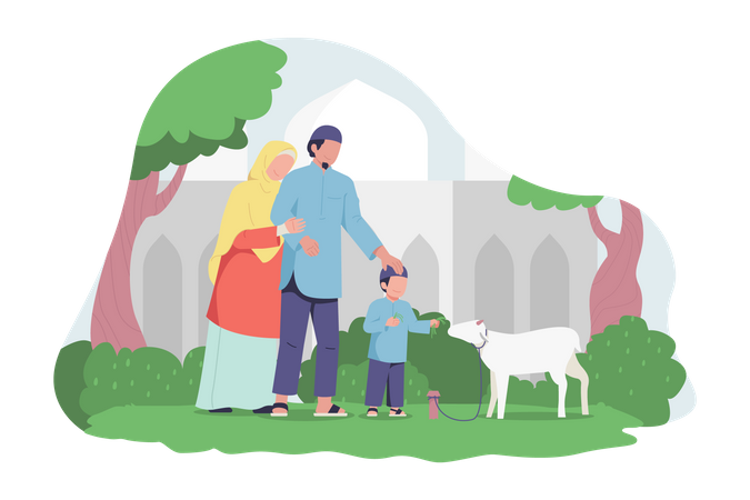 Família muçulmana feliz alimentando uma cabra  Ilustração