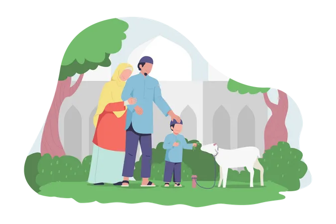 Família muçulmana feliz alimentando uma cabra  Ilustração