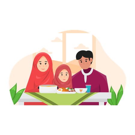Família muçulmana jantando  Ilustração