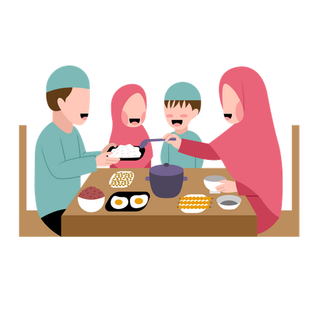 Família muçulmana jantando junta  Ilustração