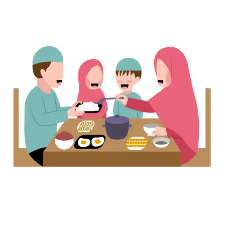 Família muçulmana jantando junta  Ilustração