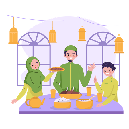Família Muçulmana rezando antes da festa iftar  Ilustração