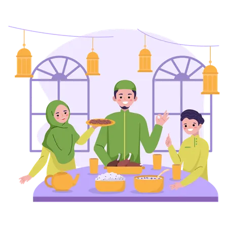 Família Muçulmana rezando antes da festa iftar  Ilustração