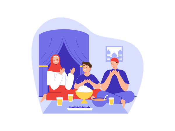 Família muçulmana rezando antes de comer  Ilustração