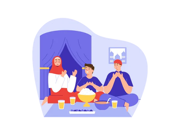 Família muçulmana rezando antes de comer  Ilustração