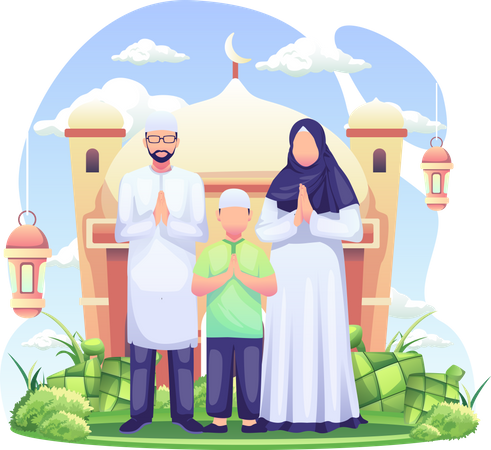 Família muçulmana rezando em uma mesquita  Ilustração