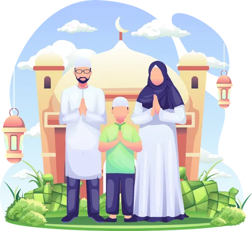 Família muçulmana rezando em uma mesquita  Ilustração