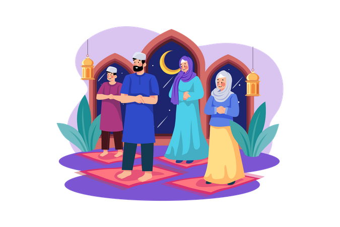 Família muçulmana reza junto  Ilustração