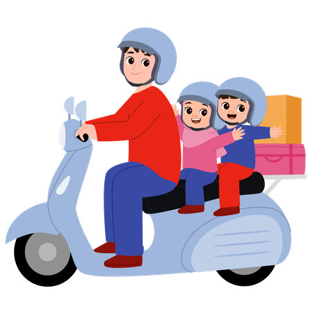 Família muçulmana voltando para casa para o Eid andando de scooter  Ilustração