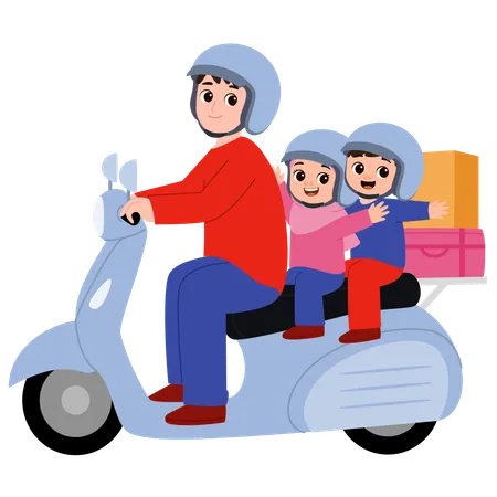 Família muçulmana voltando para casa para o Eid andando de scooter  Ilustração