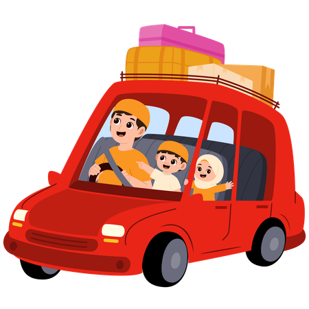 Família muçulmana voltando para casa para o Eid viajando de carro  Ilustração