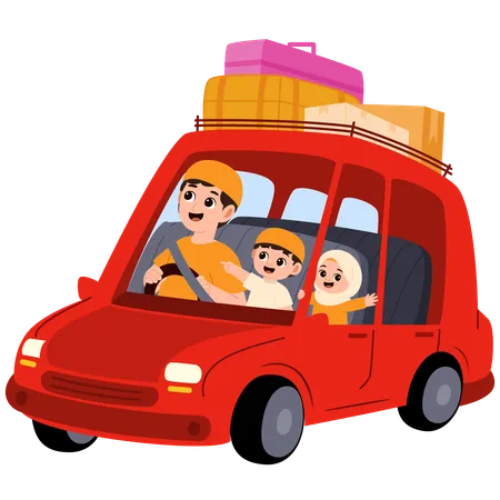 Família muçulmana voltando para casa para o Eid viajando de carro  Ilustração