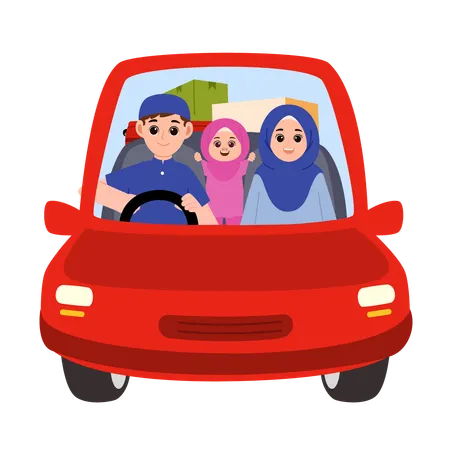 Família muçulmana voltando para casa para o Eid viajando de carro  Ilustração