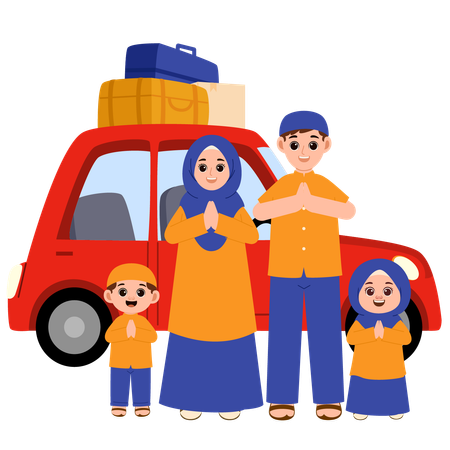 Família muçulmana voltando para casa para o Eid viajando de carro  Ilustração