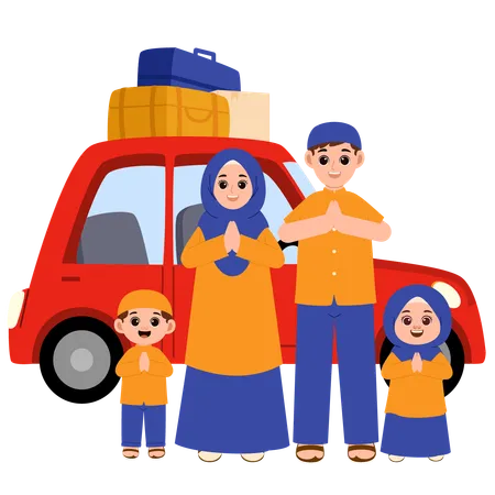 Família muçulmana voltando para casa para o Eid viajando de carro  Ilustração