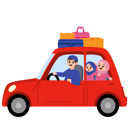 Família muçulmana voltando para casa para o Eid viajando de carro  Ilustração