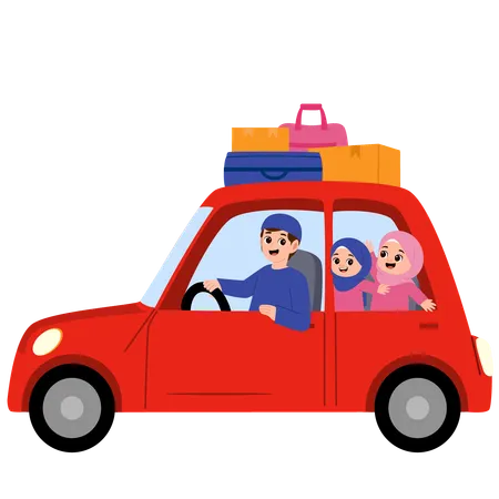 Família muçulmana voltando para casa para o Eid viajando de carro  Ilustração